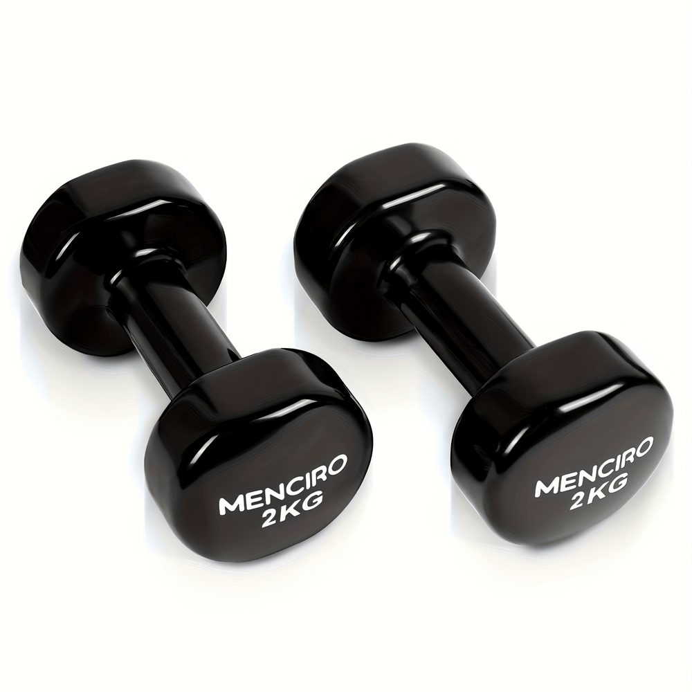 Black 2kg iron dumbbells for full-body strength training, durable hexagonal design prevents rolling, perfect for home or gym workouts