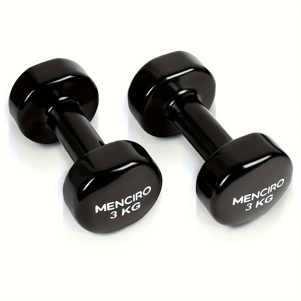 Black iron dumbbells 3kg set for strength training, hexagonal shape prevents rolling, perfect for home gym workouts.