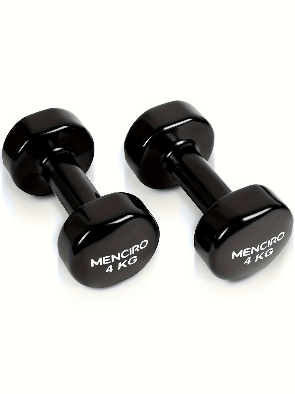 Sleek black iron dumbbells set for home gym strength training. Durable design, hexagonal shape, ideal for full-body workouts. 4kg each.