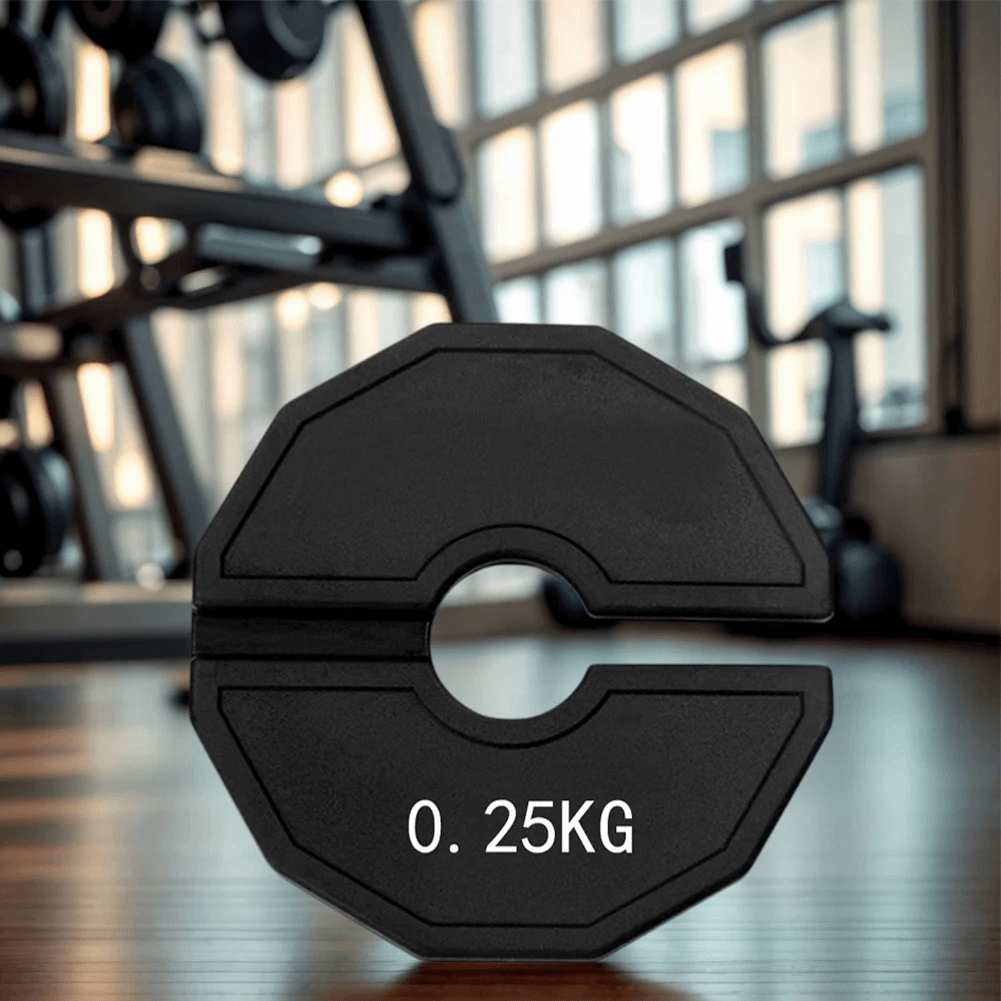 Color-coded 0.25 kg fractional weight plate for barbell training in a gym setting, featuring durable rubber coating for secure grip.