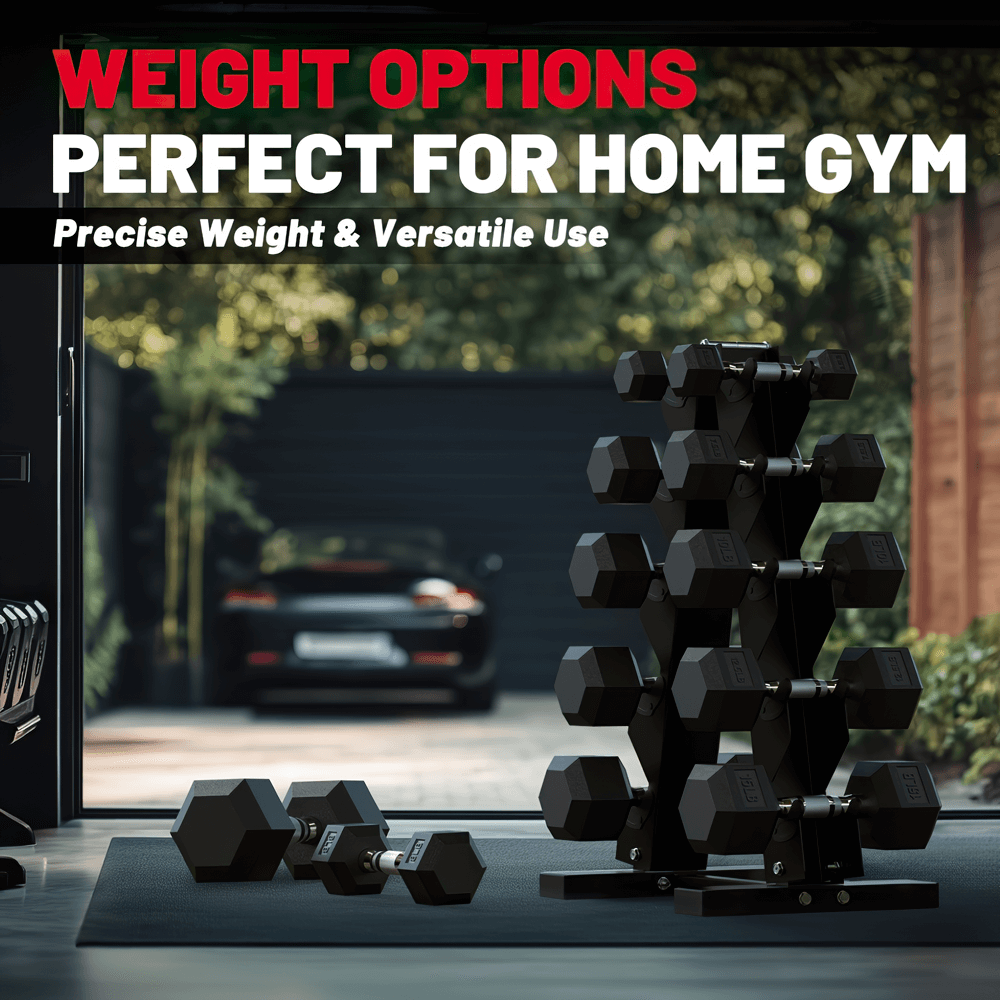 Hex dumbbell set with steel grip for home gym, rubber coated weights on rack, ideal for strength training and endurance. SF2948.