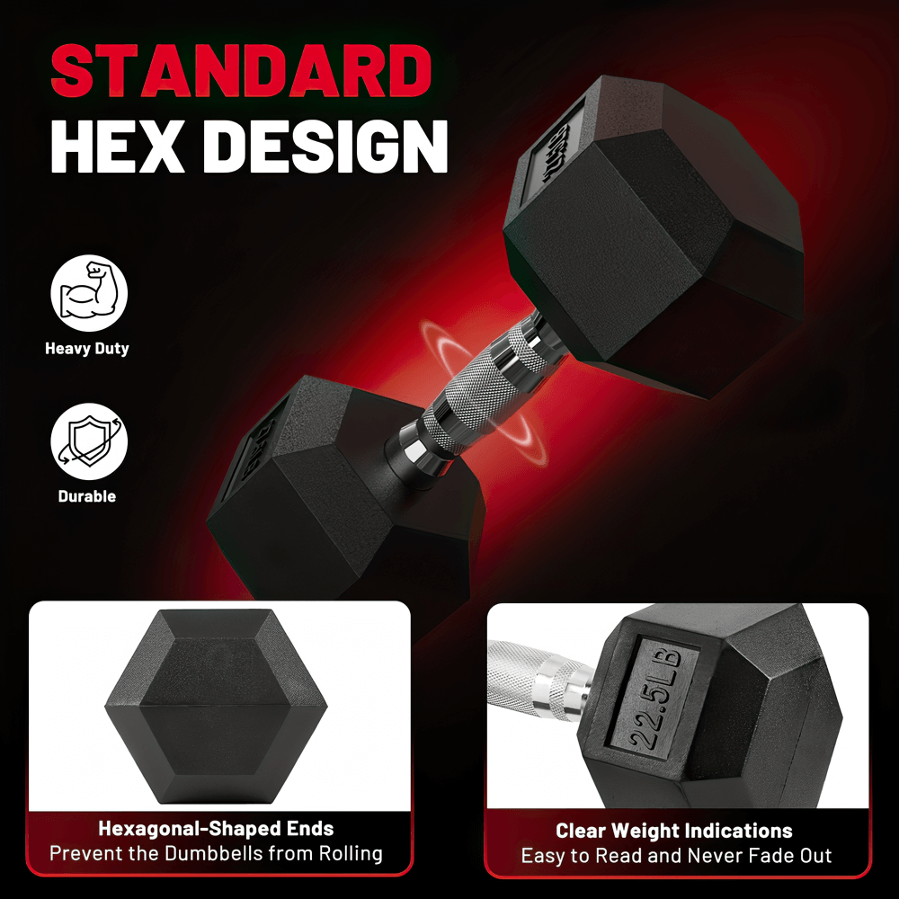 Hex dumbbell with knurled steel grip, rubber coating, and clear weight indications, designed for home gym strength training.