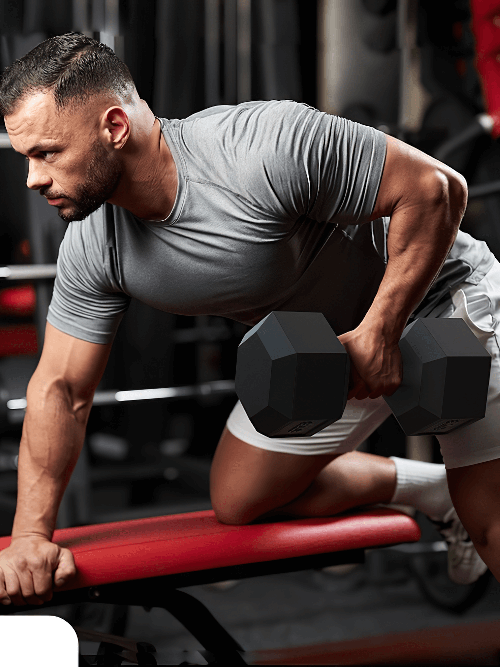 Man using hex dumbbell on bench in home gym. Rubber-coated set with knurled steel grip, perfect for strength training and endurance.