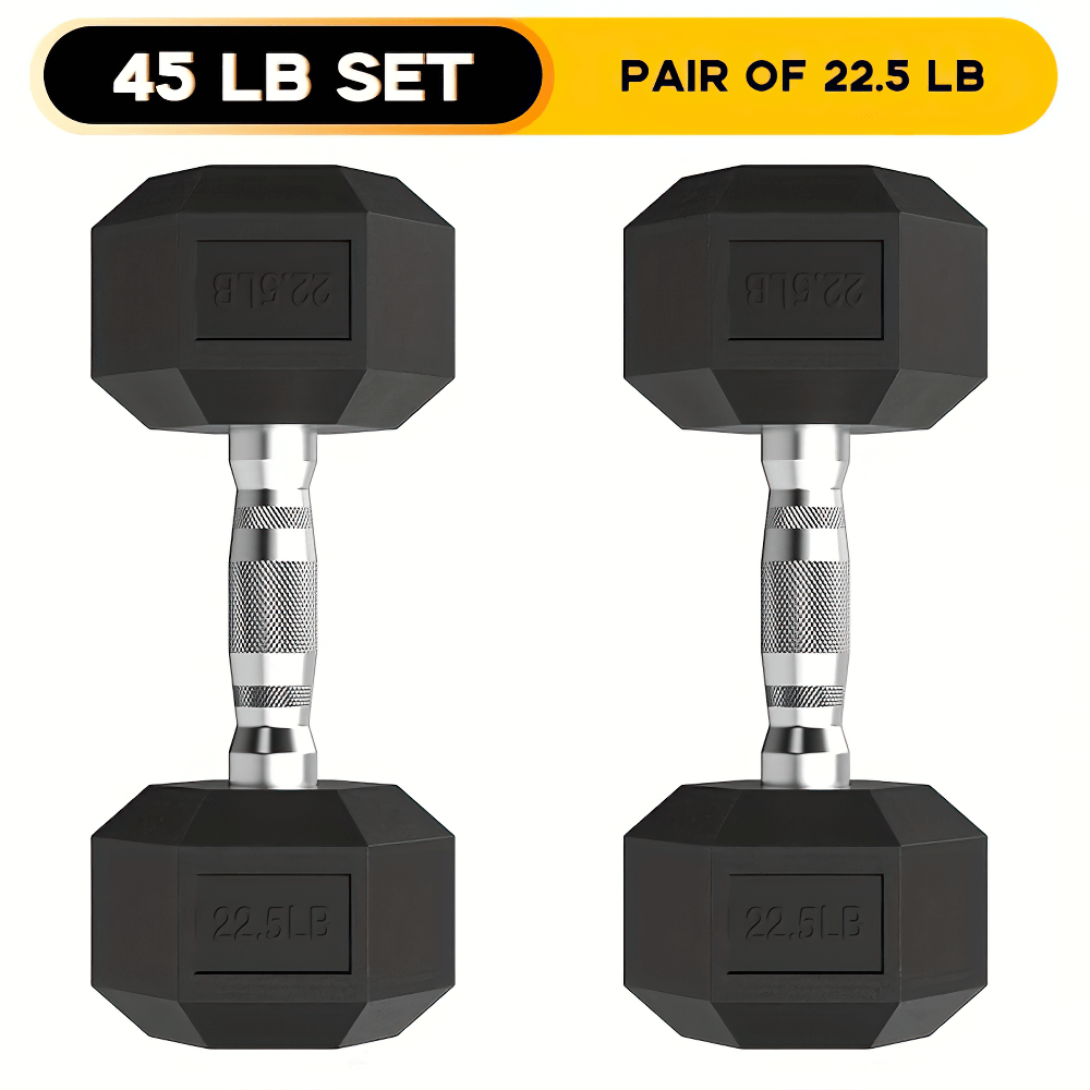 Hex dumbbell set 45 lb with rubber coating and knurled steel grip, perfect for home gym and strength training.