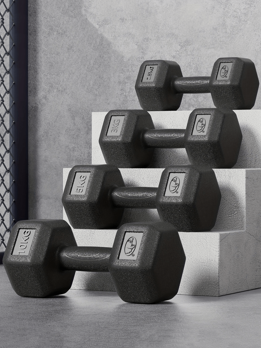 Alt Tag: Hexagonal anti-roll dumbbells stacked for strength training, featuring durable design and balanced grip for weightlifting.