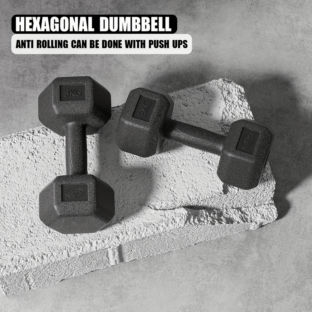 Hexagonal dumbbells on concrete surface for strength training, featuring anti-roll design and durable PVC coating.