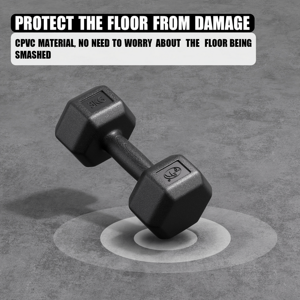 Hexagonal dumbbell with anti-roll design on a floor-saving mat, promoting durability and CPVC material protection. SF2931 model.