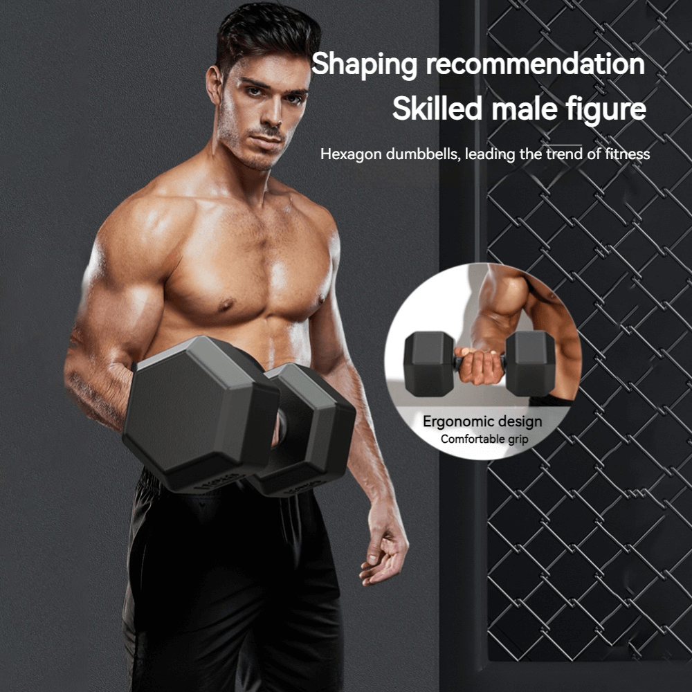 Skilled male figure demonstrating hexagonal dumbbells for strength training with ergonomic grip design.