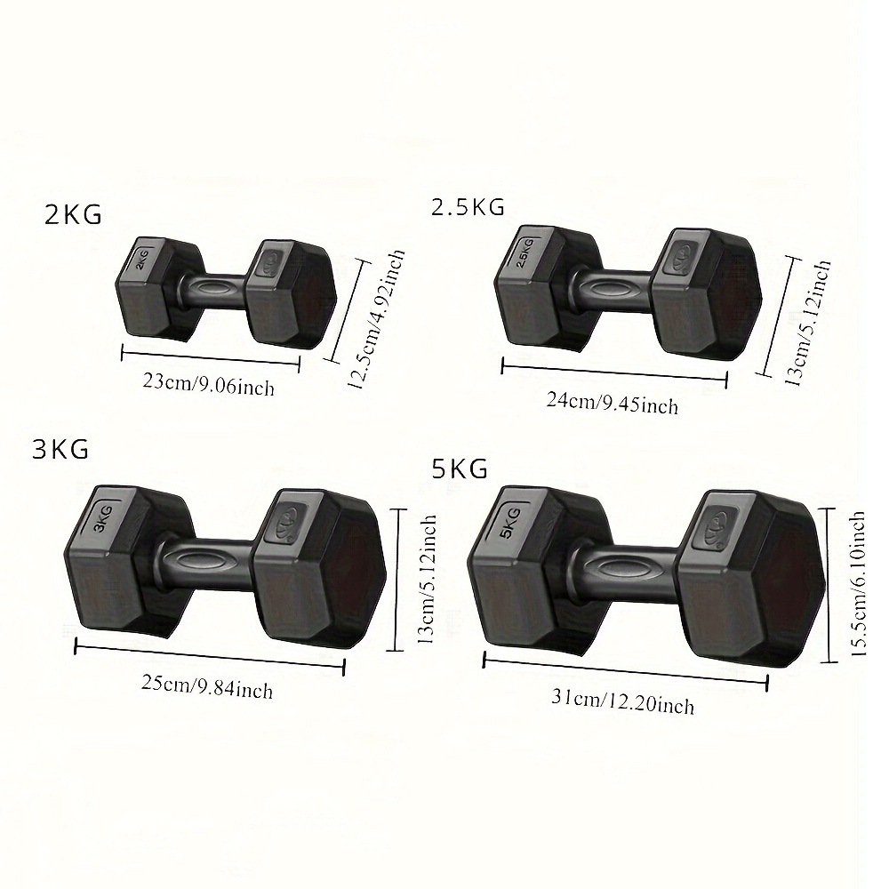 Hexagonal dumbbells set for strength training with anti-roll design and measurements, featuring weights from 2kg to 5kg.