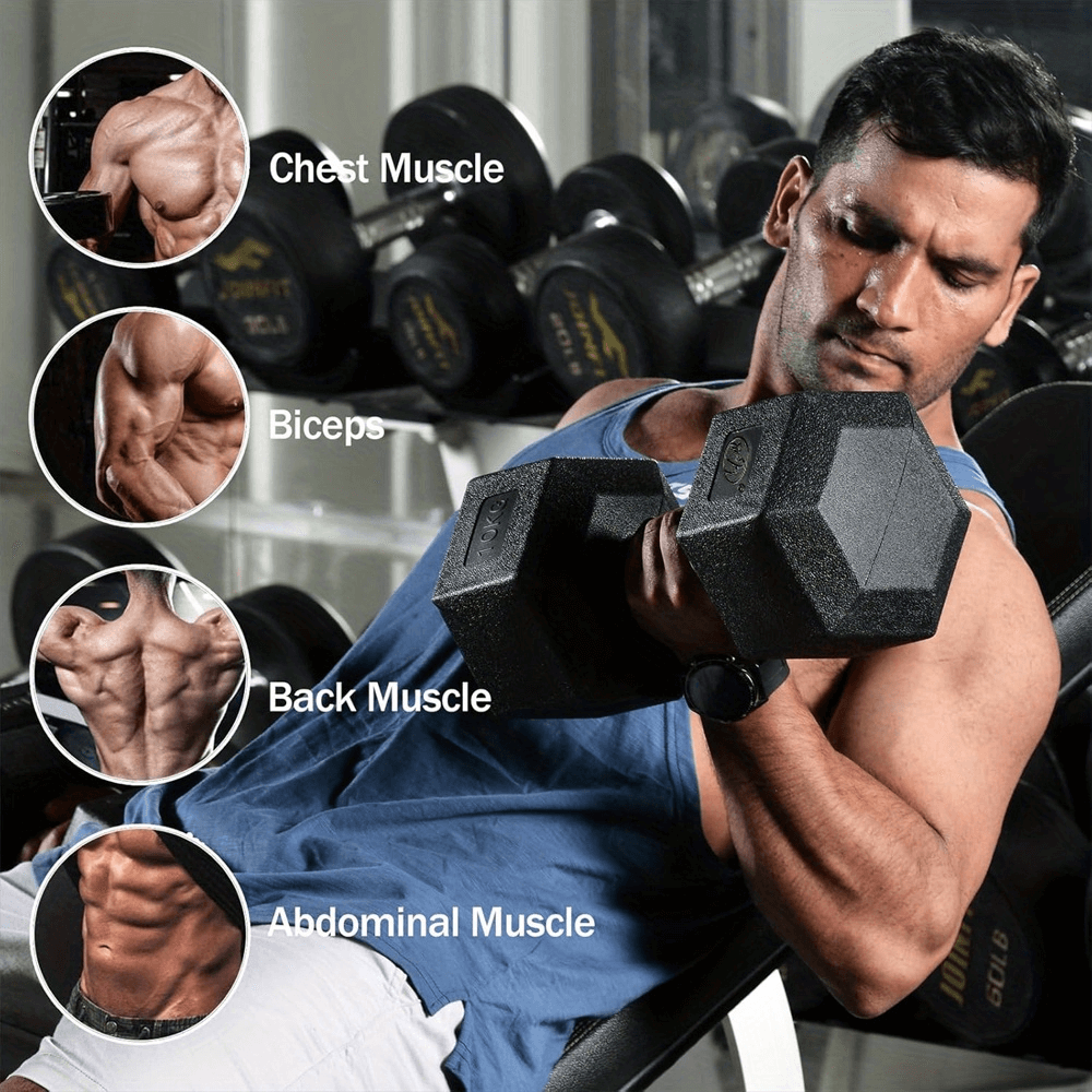 Man lifting hexagonal dumbbells, targeting chest, biceps, back, and abdominal muscles during strength training workout.