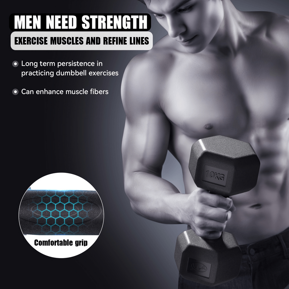 Man exercising with hexagonal dumbbells, showcasing comfortable grip and anti-roll design for enhanced muscle strength training.