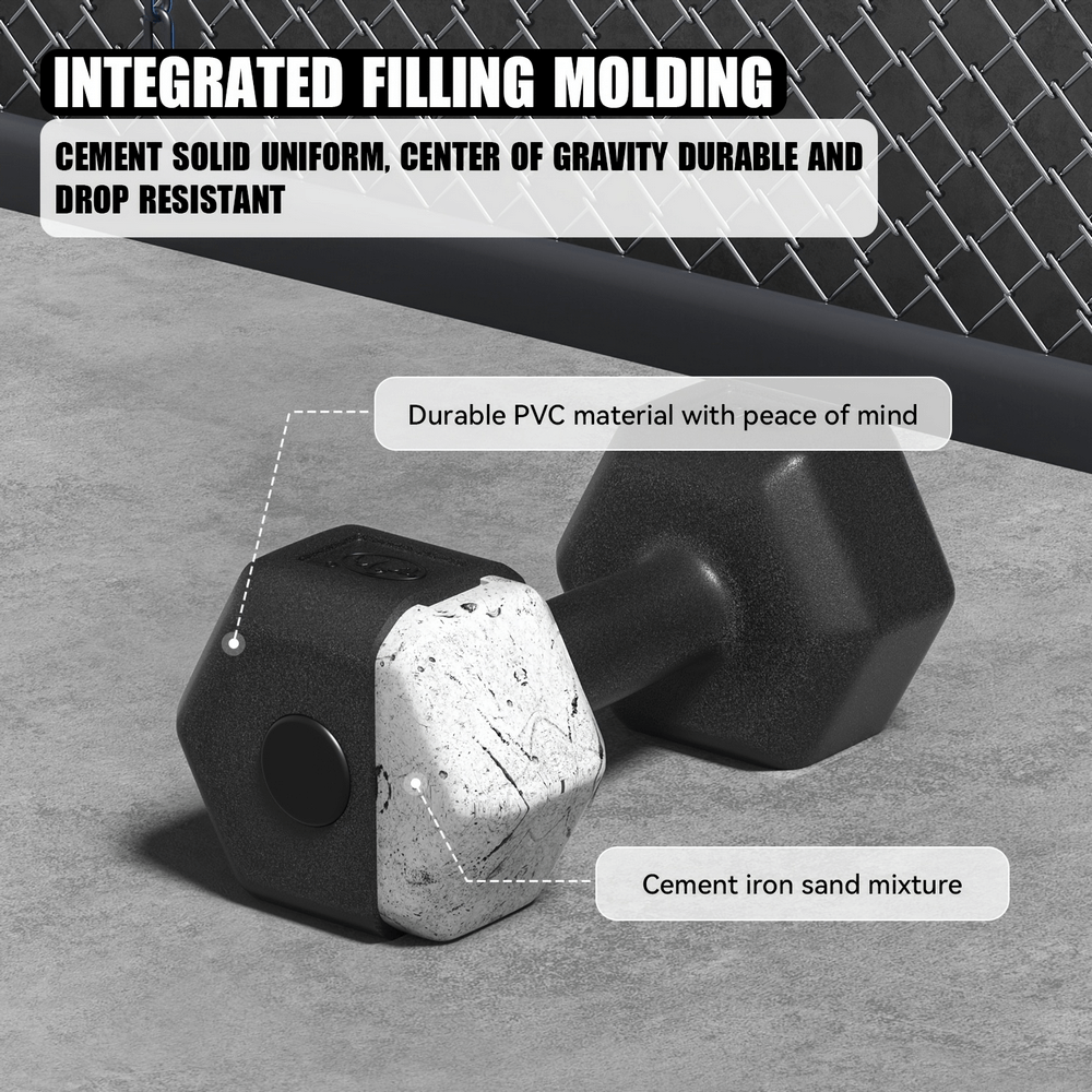 Hexagonal dumbbell with durable PVC and cement iron sand core for strength training, anti-roll design for stable workouts.