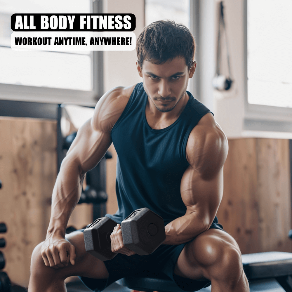 Man exercising with hexagonal dumbbells in gym, promoting all body fitness for versatile strength training anytime.