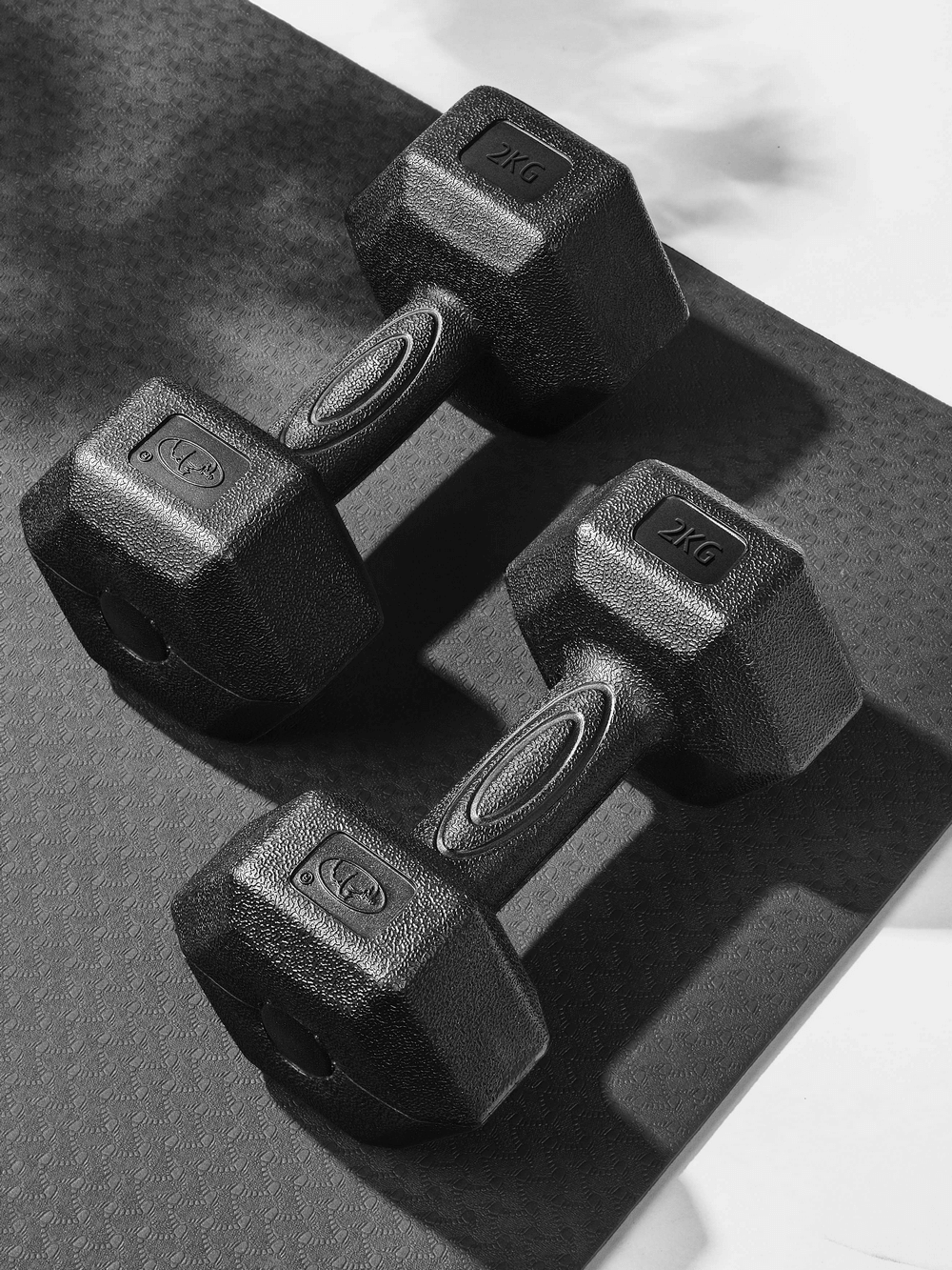 Pair of anti-roll hexagonal dumbbells for strength training on a black mat, featuring a durable PVC exterior. Model: SF2931.