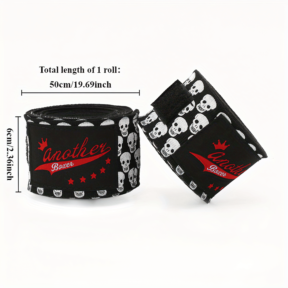 Boxing hand wraps SF2710 with skull design, showing dimensions of 50cm length and 6cm width. Ideal for MMA and kickboxing.