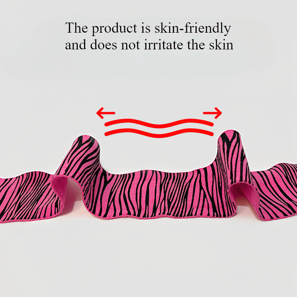 Pink zebra-patterned fabric showcasing flexibility and skin-friendly features with text emphasizing non-irritation.