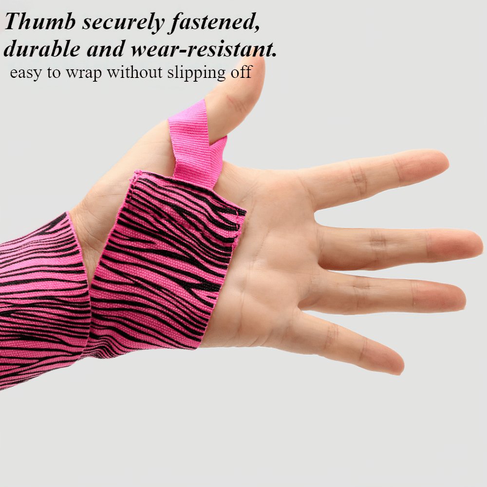 Pink zebra-patterned wrist wrap with a thumb loop for secure fit, ideal for MMA and boxing.