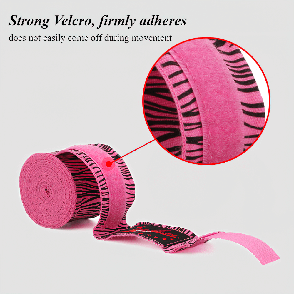 Close-up of pink boxing hand wrap with strong Velcro for secure fit during MMA and kickboxing.