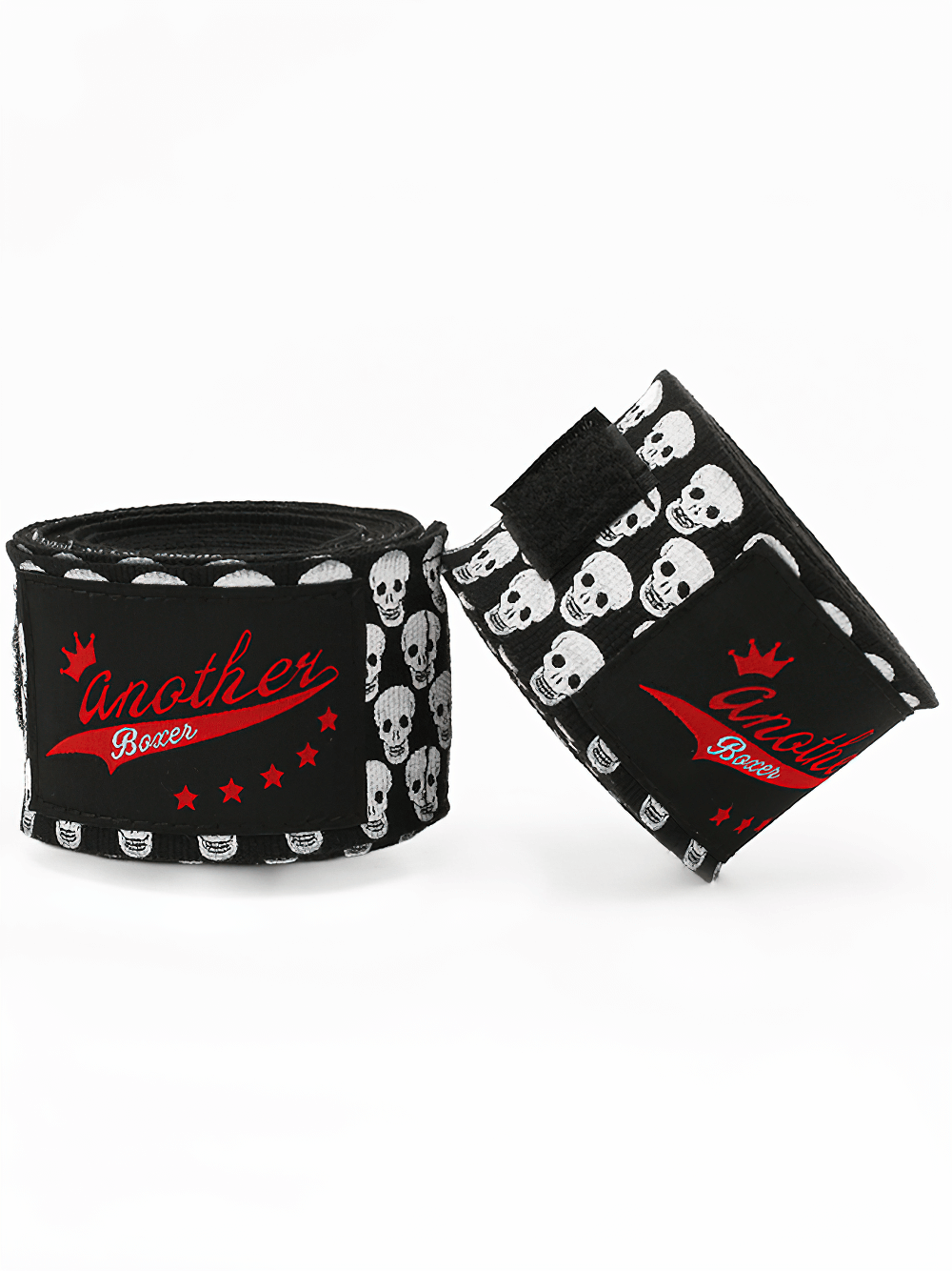 Boxing hand wraps with skull design, red logo, ideal for MMA and kickboxing, providing wrist support and finger protection.