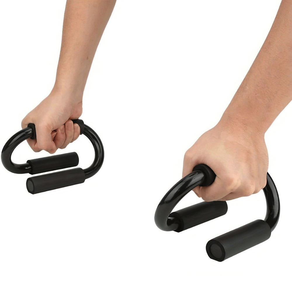 Hands gripping stainless steel push-up bars for strength training, showing ergonomic design and slip-resistant stability.