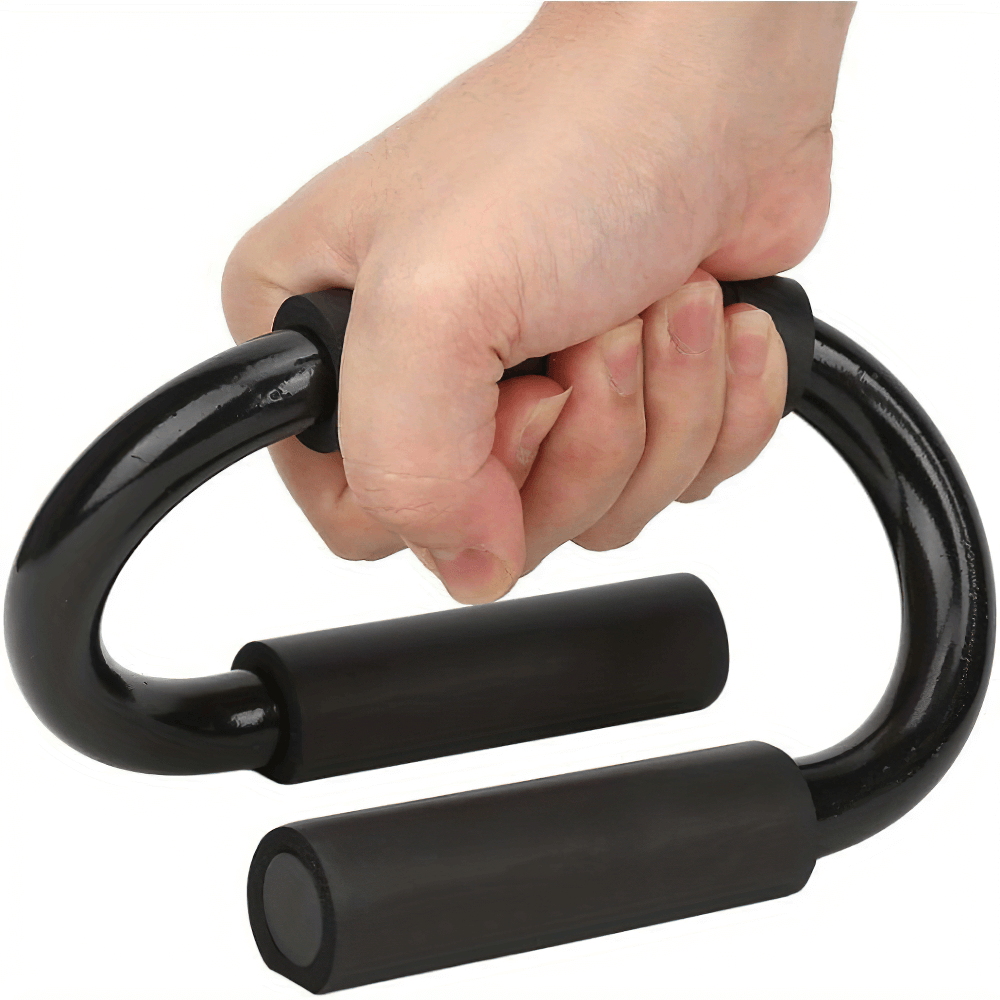 Hand gripping a stainless steel push-up bar from the SF2891 set, designed for slip-resistant upper body strength training workouts.