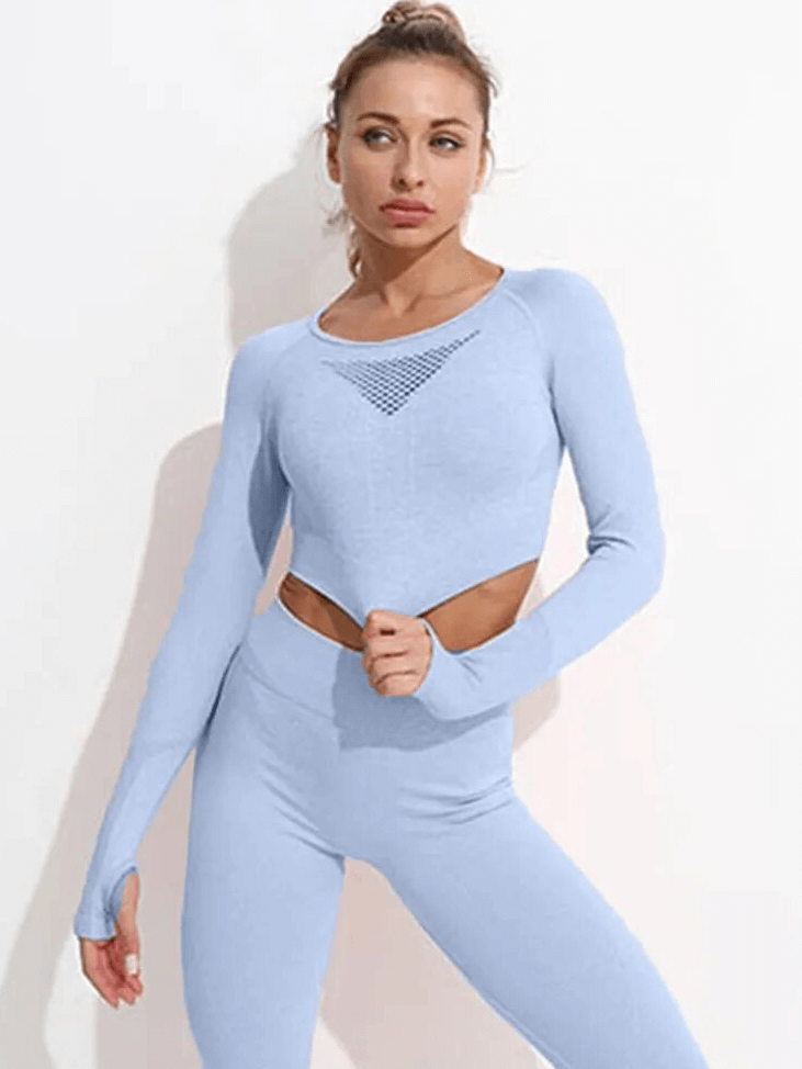 Stylish blue 2PCS seamless women's yoga set with full-sleeve top and leggings, perfect for sports and yoga, made of nylon.
