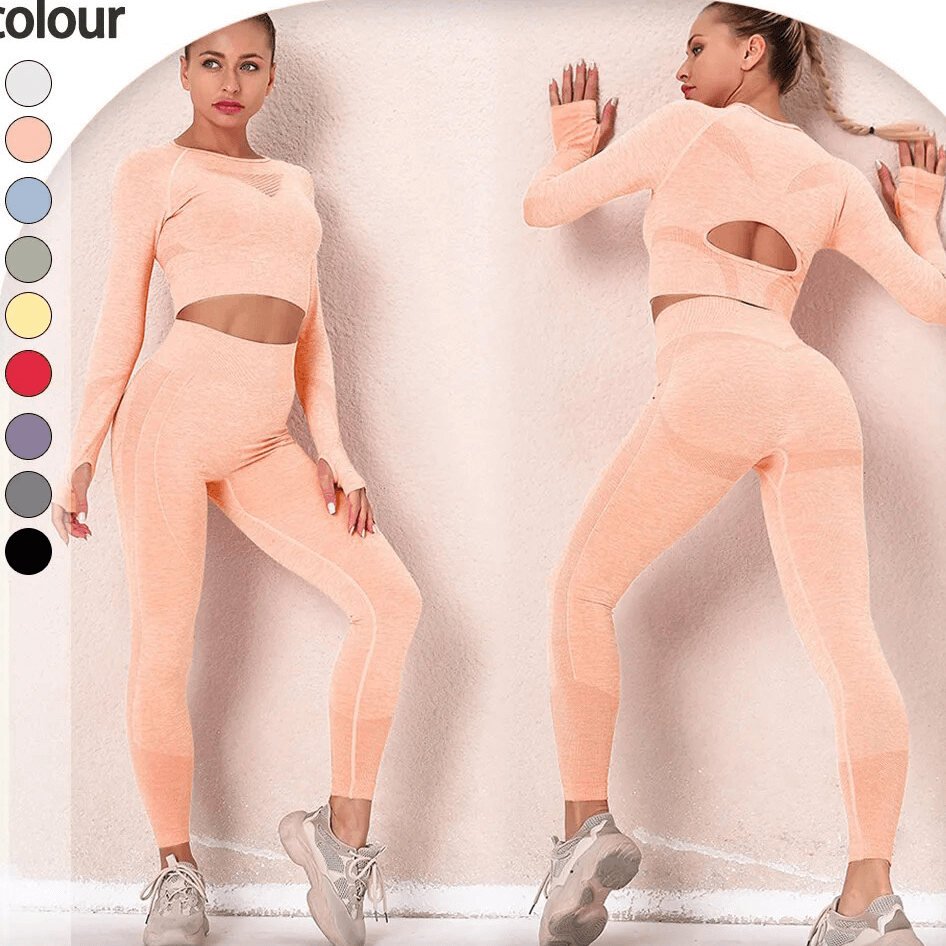 Woman in peach 2PCS seamless sports costume, full-sleeve yoga set, showing front and back view against a neutral background.