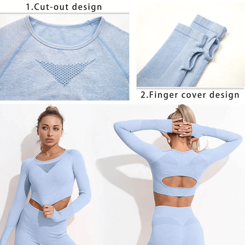 Women's light blue seamless yoga set featuring cut-out and finger cover designs for enhanced comfort and style in workouts.