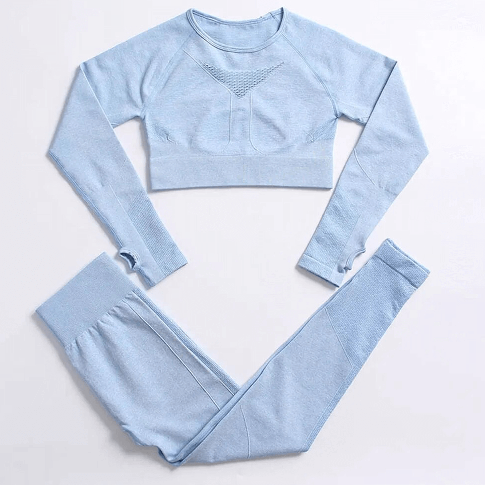 Blue 2PCS Seamless Women's Yoga Set with full sleeves, nylon fabric, anti-pilling and windproof features, perfect for any yogi's practice.