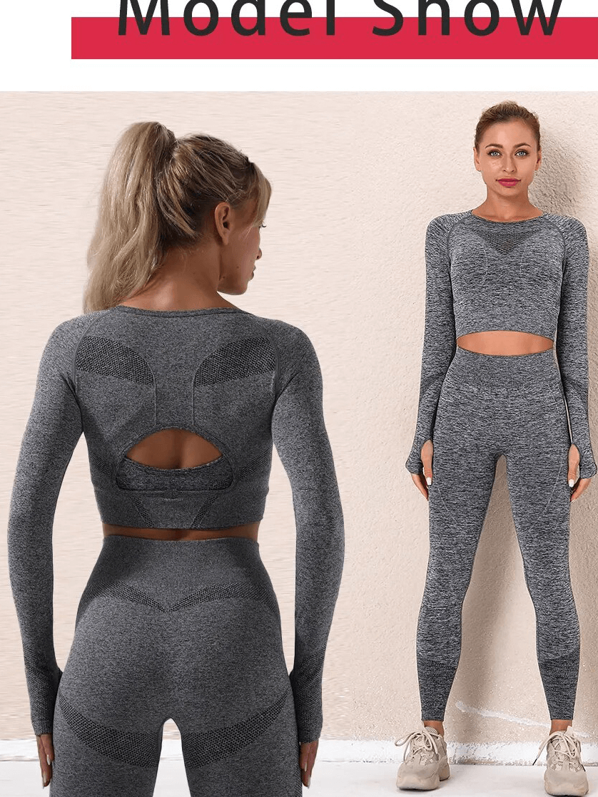 Woman modeling gray seamless sports and yoga set, showing full sleeves and back detail, perfect for performance and comfort.