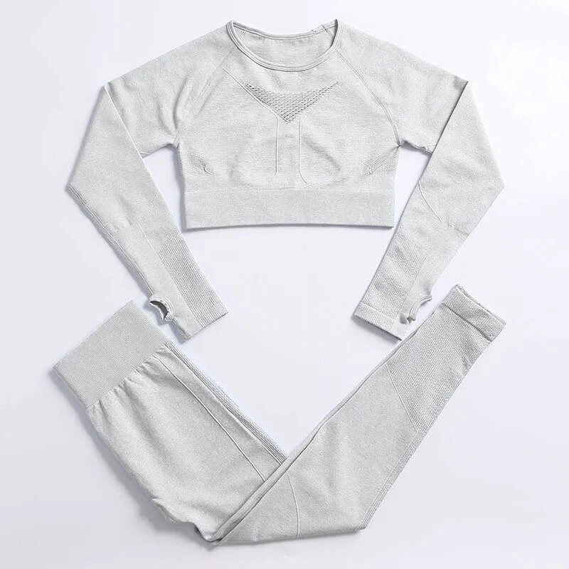 Gray 2PCS seamless women's yoga set with full sleeves, made of nylon, offering anti-pilling and windproof features for yoga and sports.