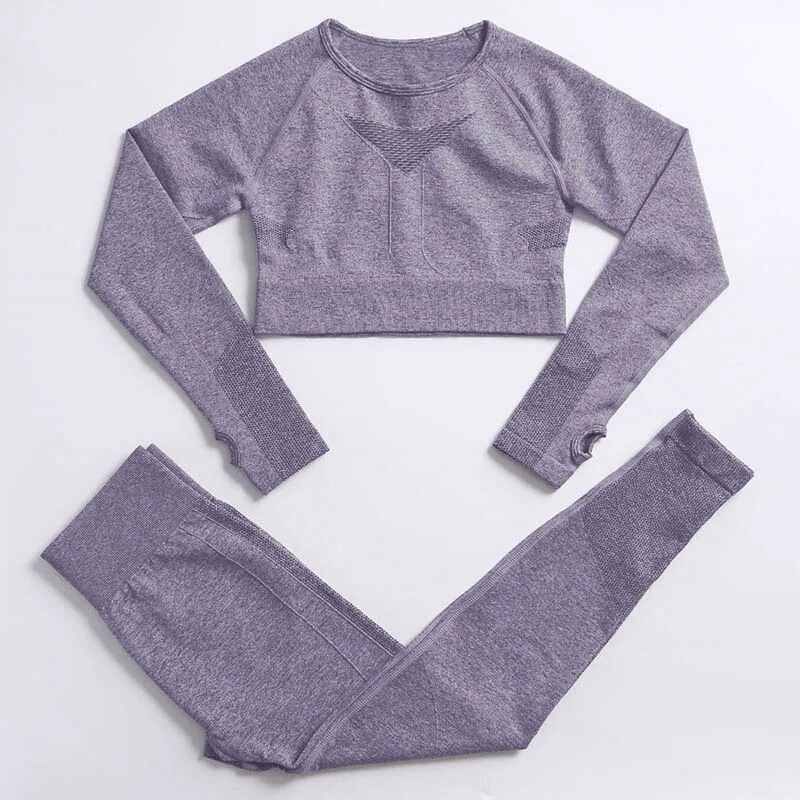 Women's seamless yoga set in purple with long sleeves, windproof and anti-pilling, perfect for sports and yoga fitness.