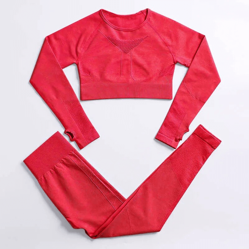 Red 2PCS Women's Seamless Yoga Set, Full-Sleeve Nylon Sports Outfit, Anti-pilling, Windproof Design, SF1673 Model