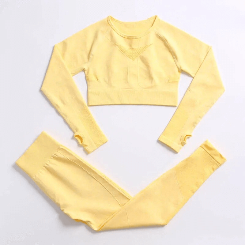 Yellow 2PCS Seamless Women's Yoga Set - Full Sleeve Top and Leggings for Sports, Anti-Pilling, Nylon Material, SF1673