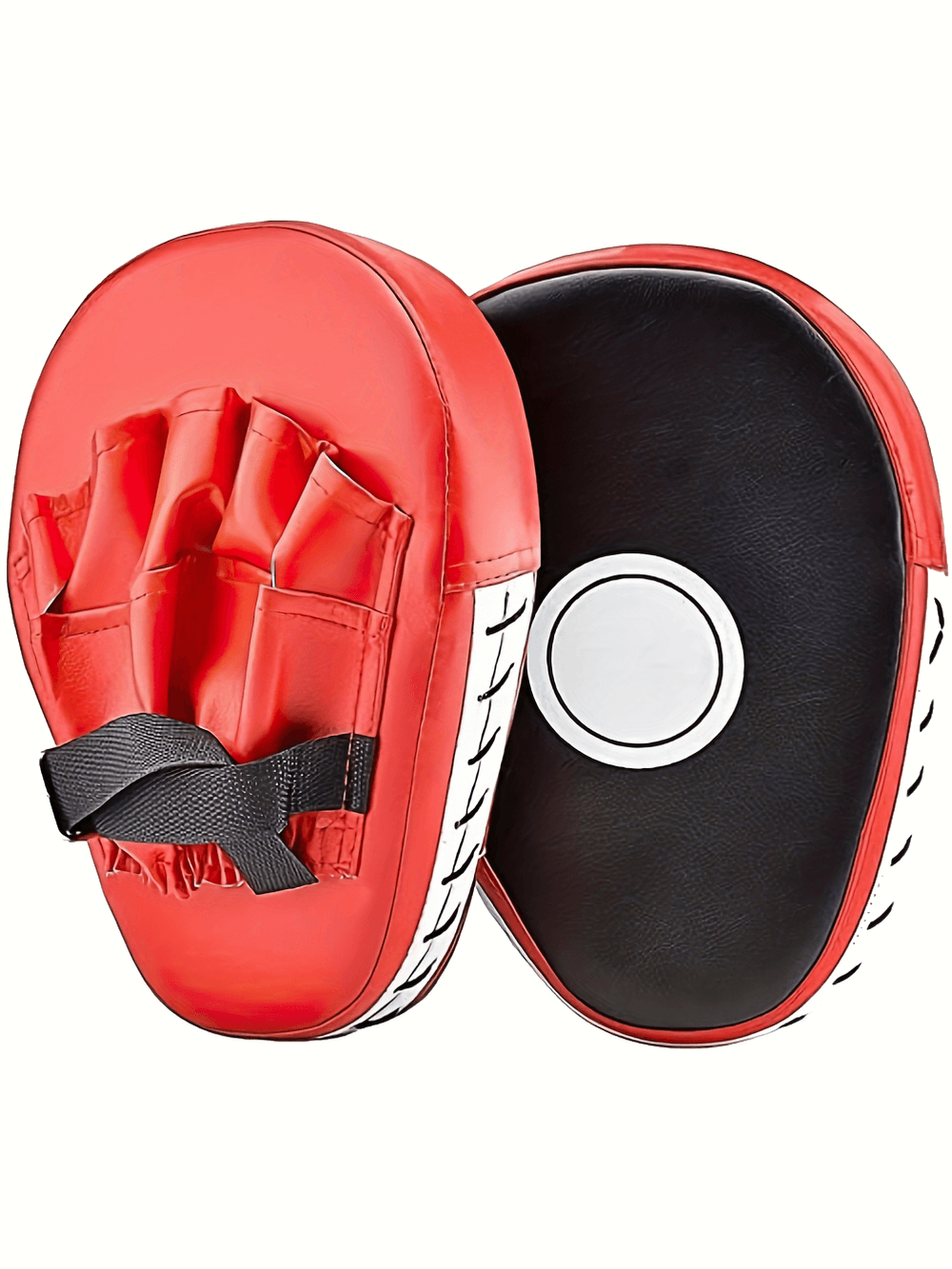 Red and black durable boxing focus pads set for martial arts training, featuring secure grip and dense foam padding.