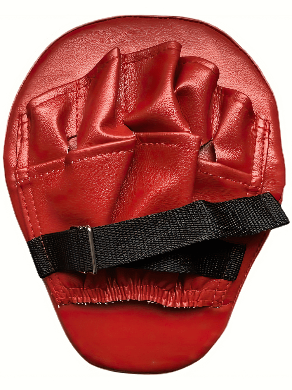 Red boxing focus pad with adjustable strap for martial arts training.