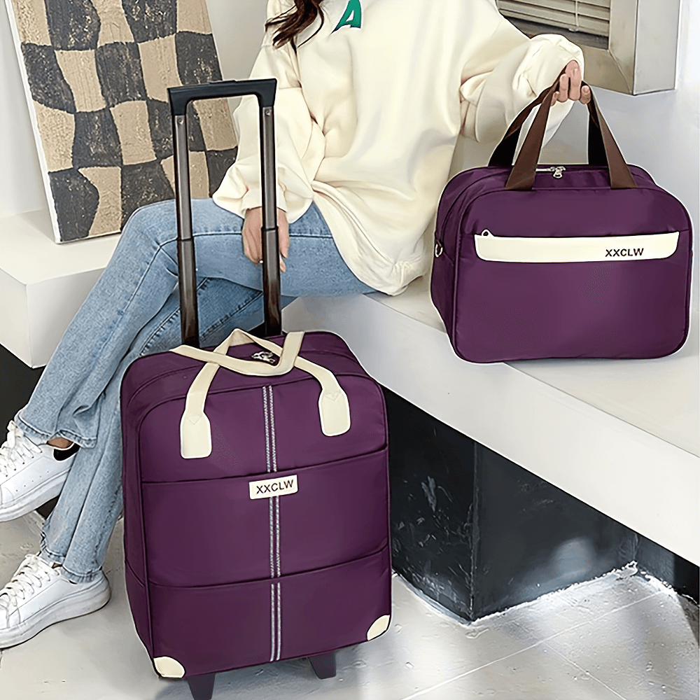 Stylish purple travel trolley luggage and matching duffle bag set with smooth rollers, perfect for vacations and weekend getaways.