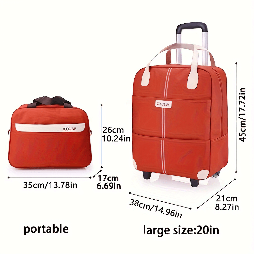 Red travel luggage set with roller trolley and duffle bag, featuring dimensions and handle, perfect for vacations and weekend trips.