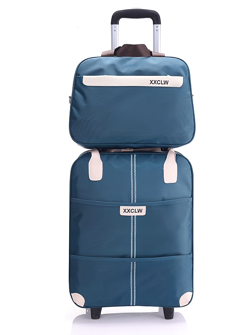 2pcs/set waterproof trolley luggage and duffle bag in blue with rollers for easy travel.