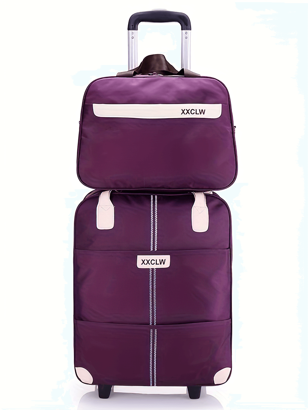 Purple waterproof travel trolley luggage and duffle bag set with rollers, perfect for vacations and business trips.