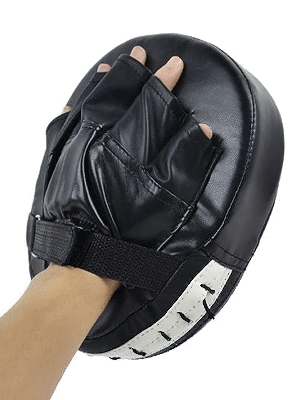 Black boxing mitt with Velcro wrist strap for training and sparring, designed for impact absorption and precision in MMA and fitness.