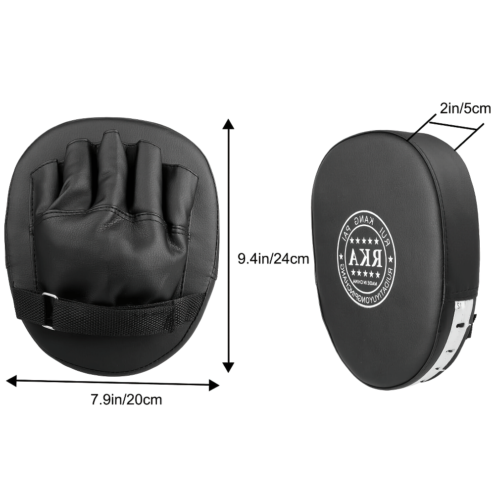 Set of black boxing focus mitts with adjustable Velcro straps, ideal for target training and sparring, 9.4in by 7.9in size.