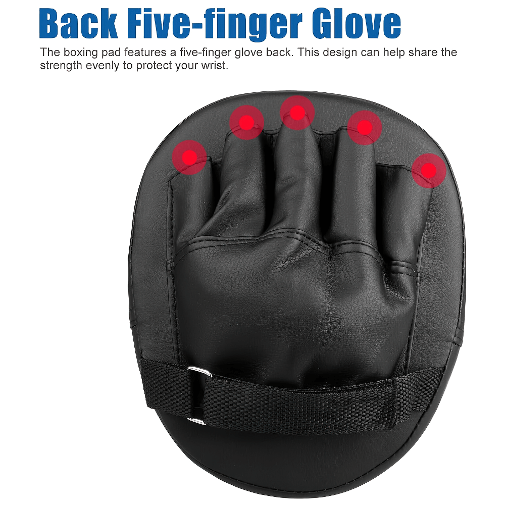 Back view of boxing pad showing five-finger glove design with Velcro strap, ideal for strength sharing and wrist protection.