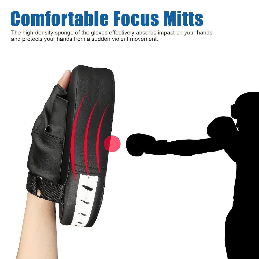 Black PU leather boxing focus mitt with Velcro, designed for precise training and impact absorption, ideal for boxing and MMA practice.