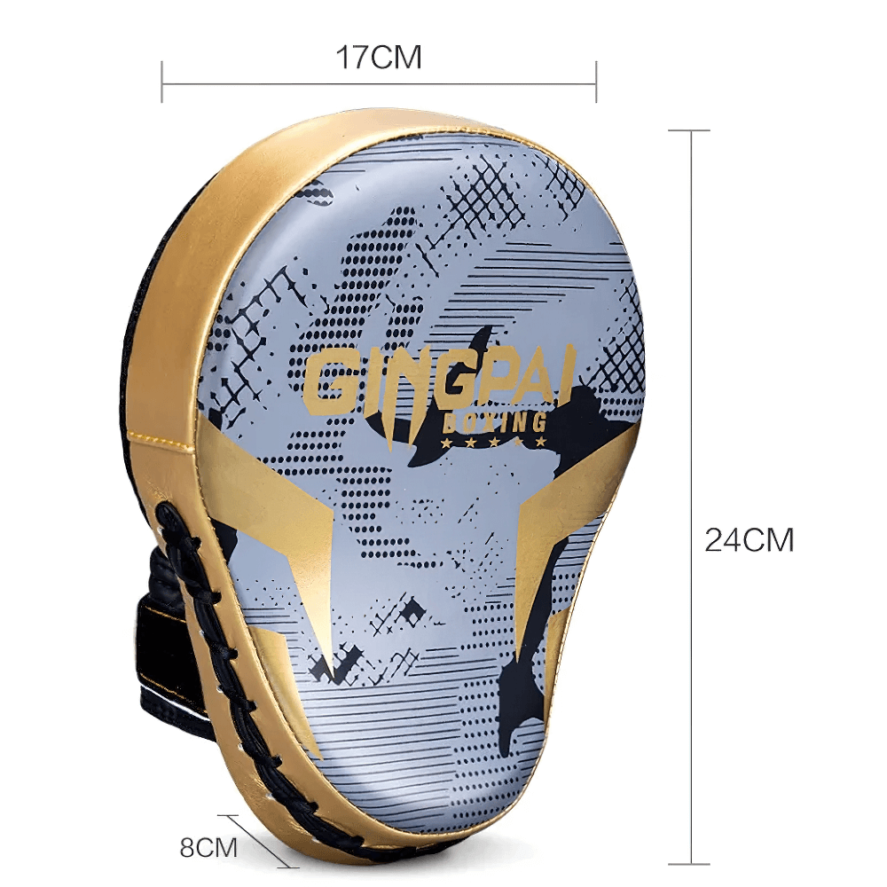 Boxing pad with ergonomic design and high-density foam, dimensions 17cm x 24cm x 8cm, ideal for MMA training and sparring.
