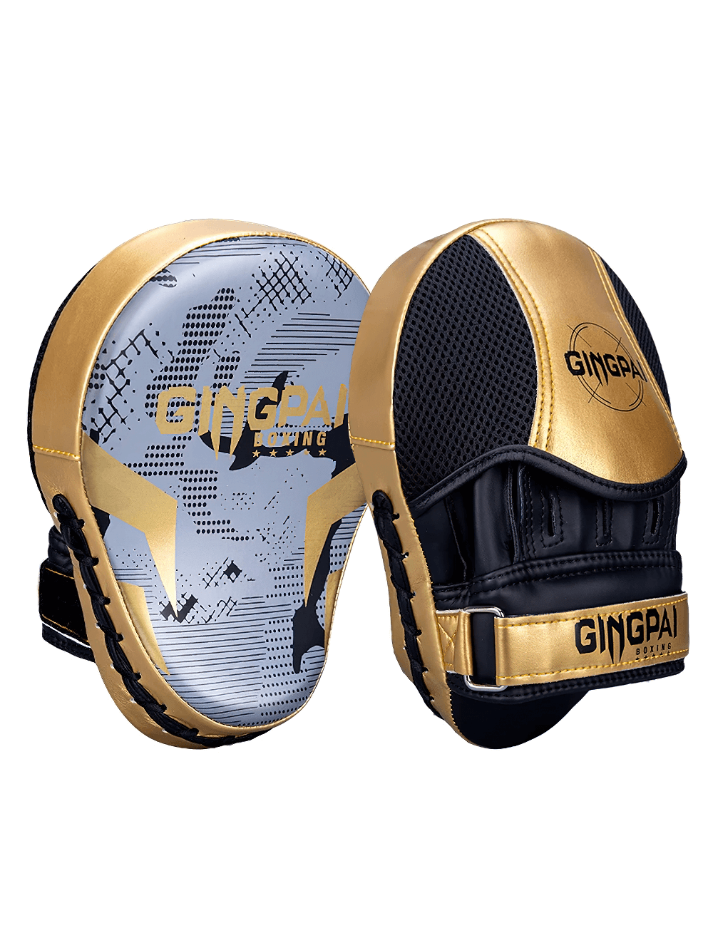 Gold and black boxing focus mitts, SF2697 model by Gingpai, ideal for training and sparring in boxing and MMA, featuring ergonomic design.