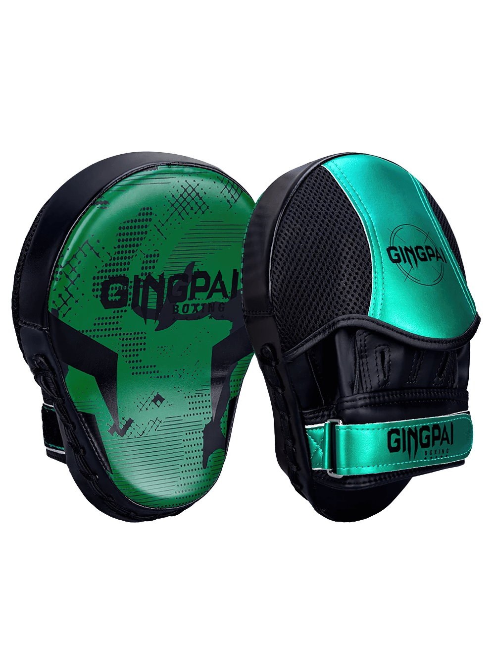 Green and black boxing focus mitts for training and sparring, designed for durability and performance, perfect for improving speed and technique.
