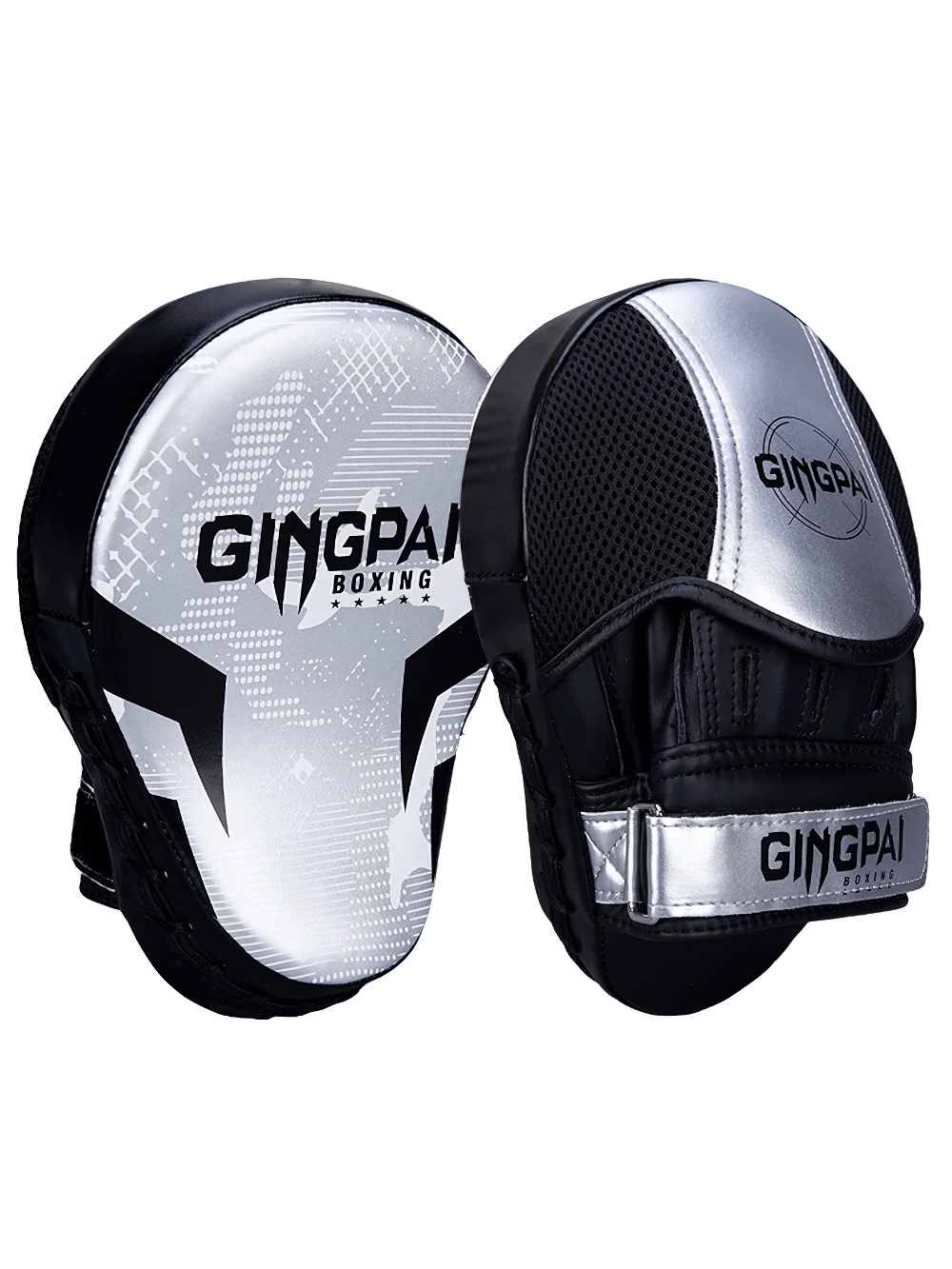 2pcs silver and black boxing pads for training, ergonomic design with high-density foam, ideal for boxing and MMA sparring.
