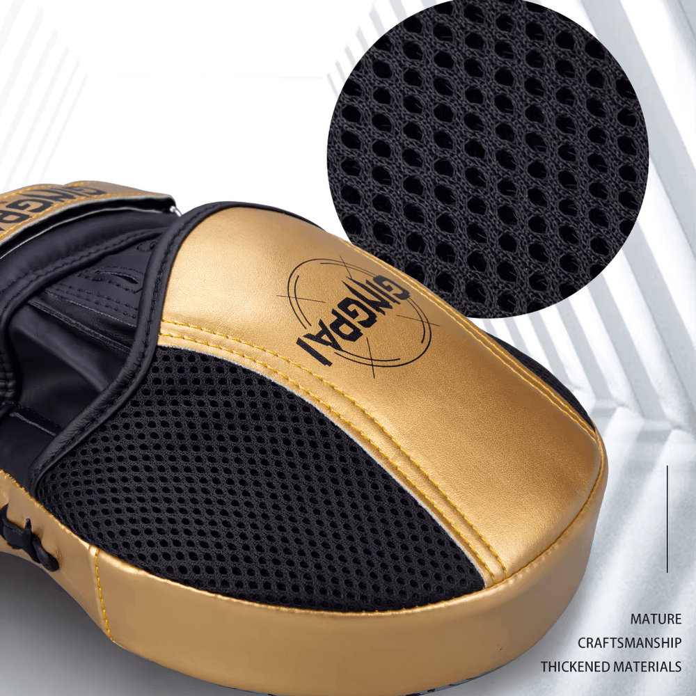 Golden boxing pad with breathable mesh design for optimal training performance and comfort. Ideal for sparring and focus drills.