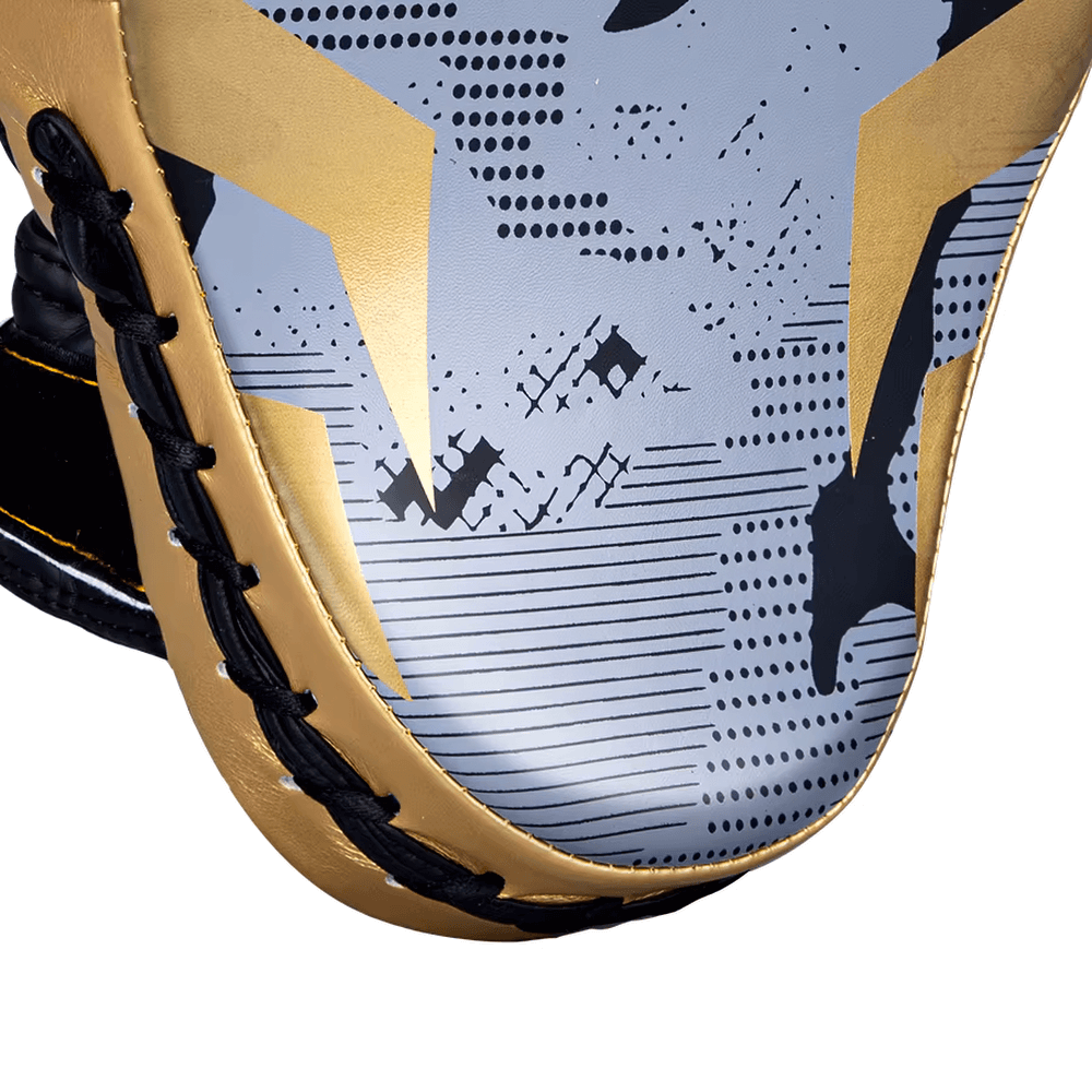 Close-up of SF2697 boxing pad design with black and gold detailing, showing durability and ergonomic craftsmanship for sparring.